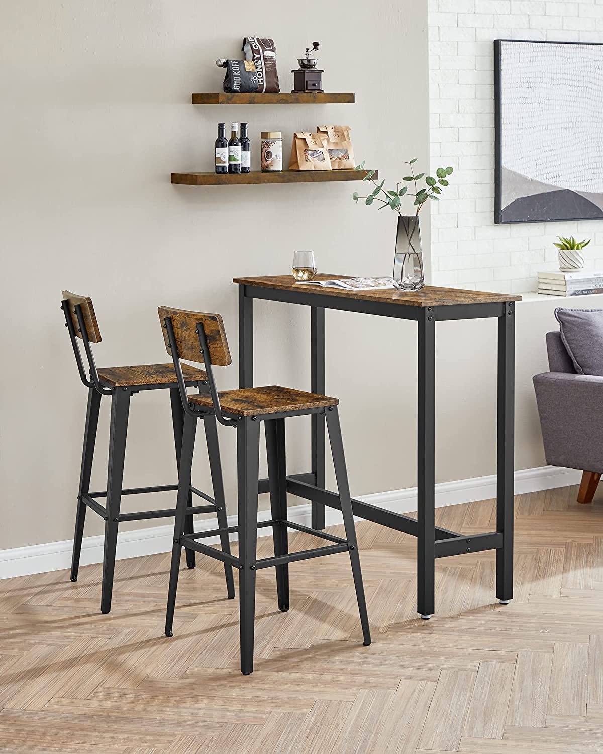 Barhocker - Barstühle - Küchenstühle - 2 - mit Rückenlehne - Stahlrahmen - Brown Black