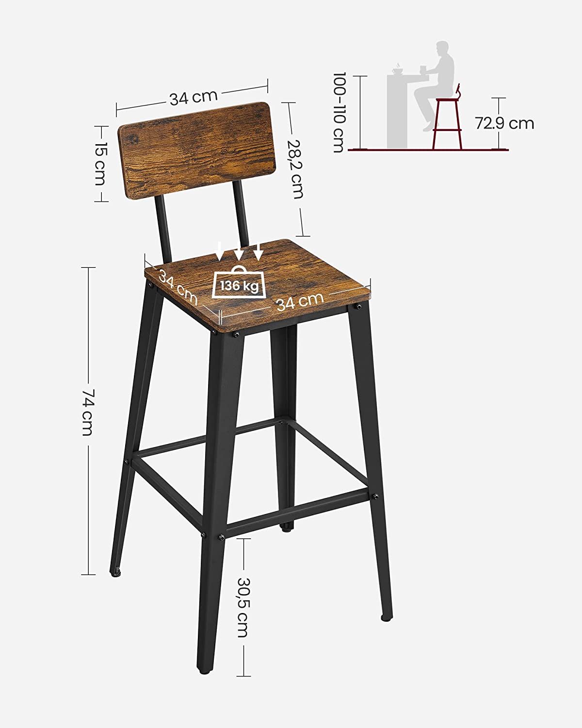 Barhocker - Barstühle - Küchenstühle - 2 - mit Rückenlehne - Stahlrahmen - Brown Black