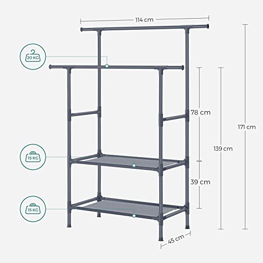 Bekleidungsregal - Metallmantel - mit 2 Wäschestangen - 2 Regale - steuerpflichtig bis zu 70 kg