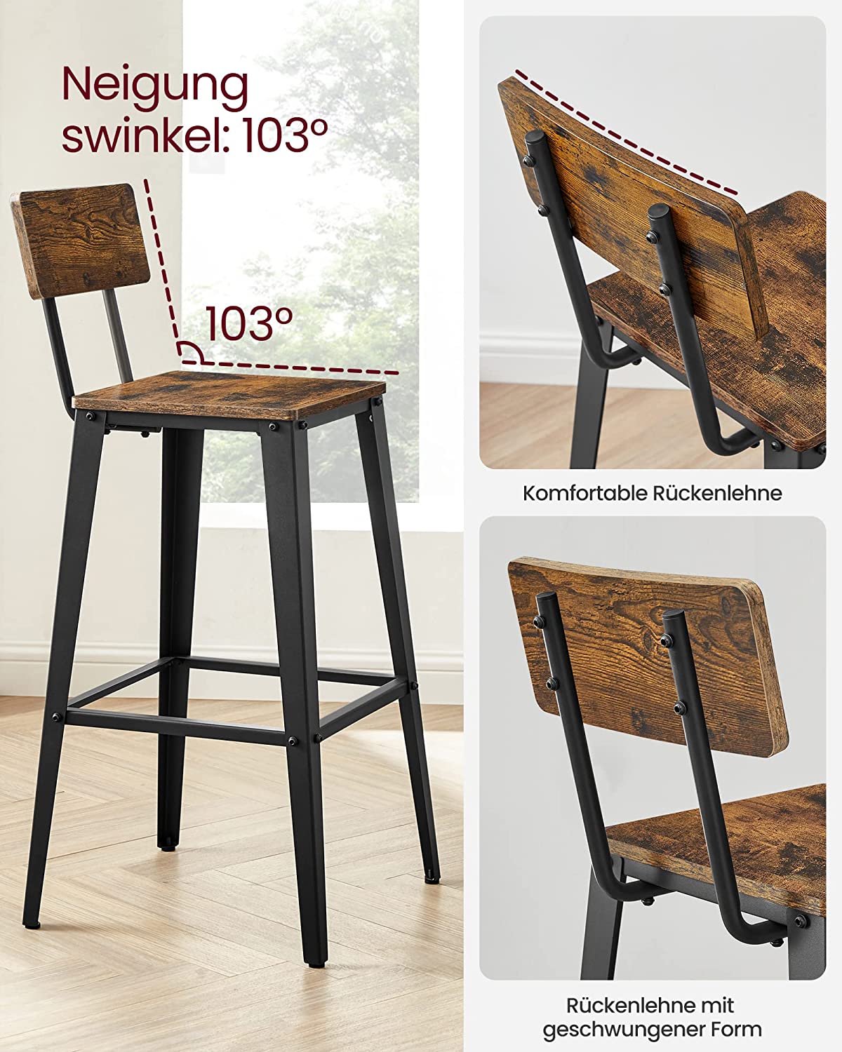 Barhocker - Barstühle - Küchenstühle - 2 - mit Rückenlehne - Stahlrahmen - Brown Black