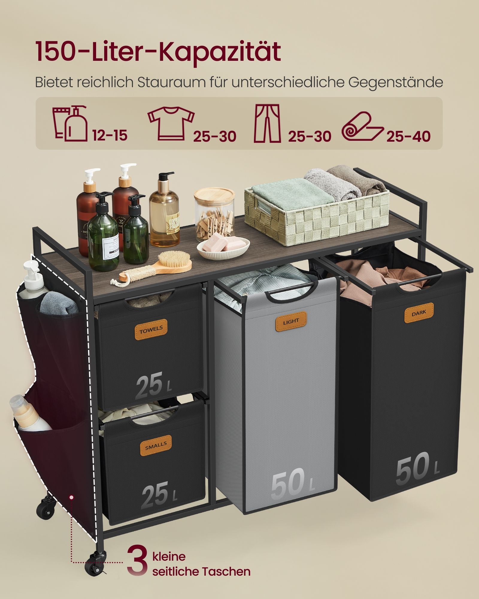 Wäschereikorb 4 Kurse Chestnut-Ink-Schwarz-Pigeon Grey