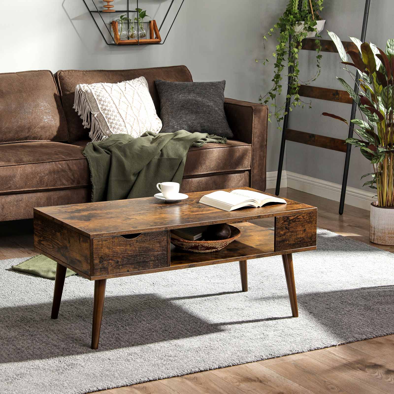 Couchtisch - mit offenem Fach und Schubladen - braun