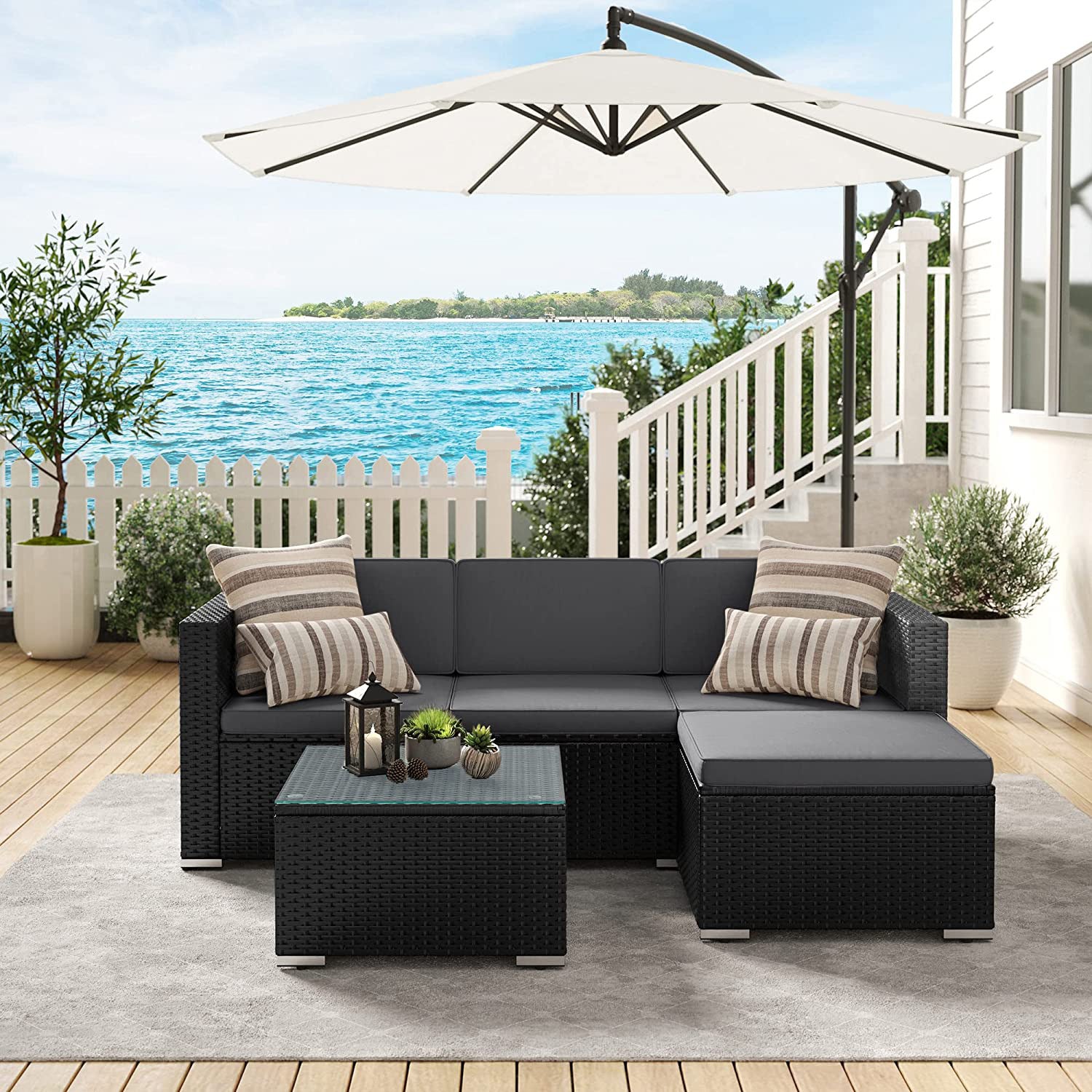 Gartenmöbelset - mit Kissen und Glas Tisch - schwarz und grau