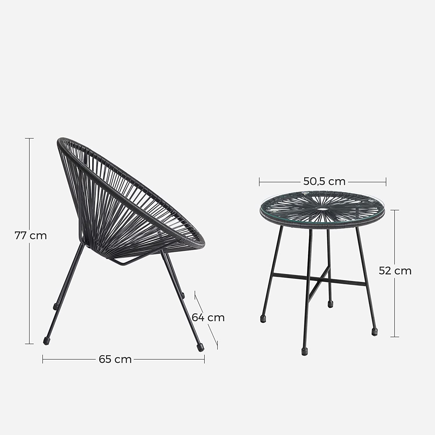 Gartenmöbel Set - Balkonmöbel - Set von 3 - Glas Tisch - 2 Stühle - Schwarz