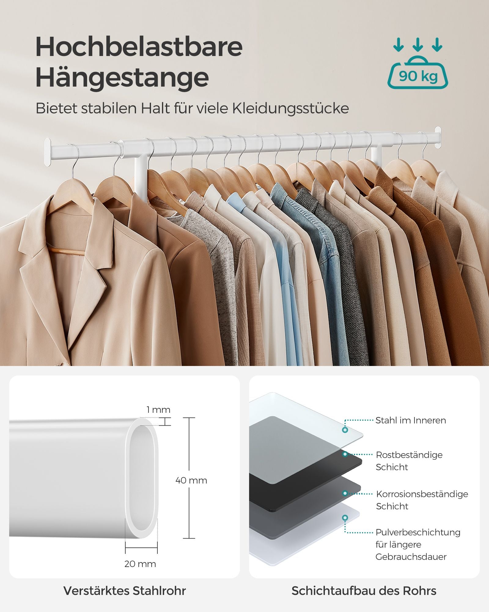Bekleidungsregal - auf Rädern - Ladungskapazität 90 kg - klassisches Weiß