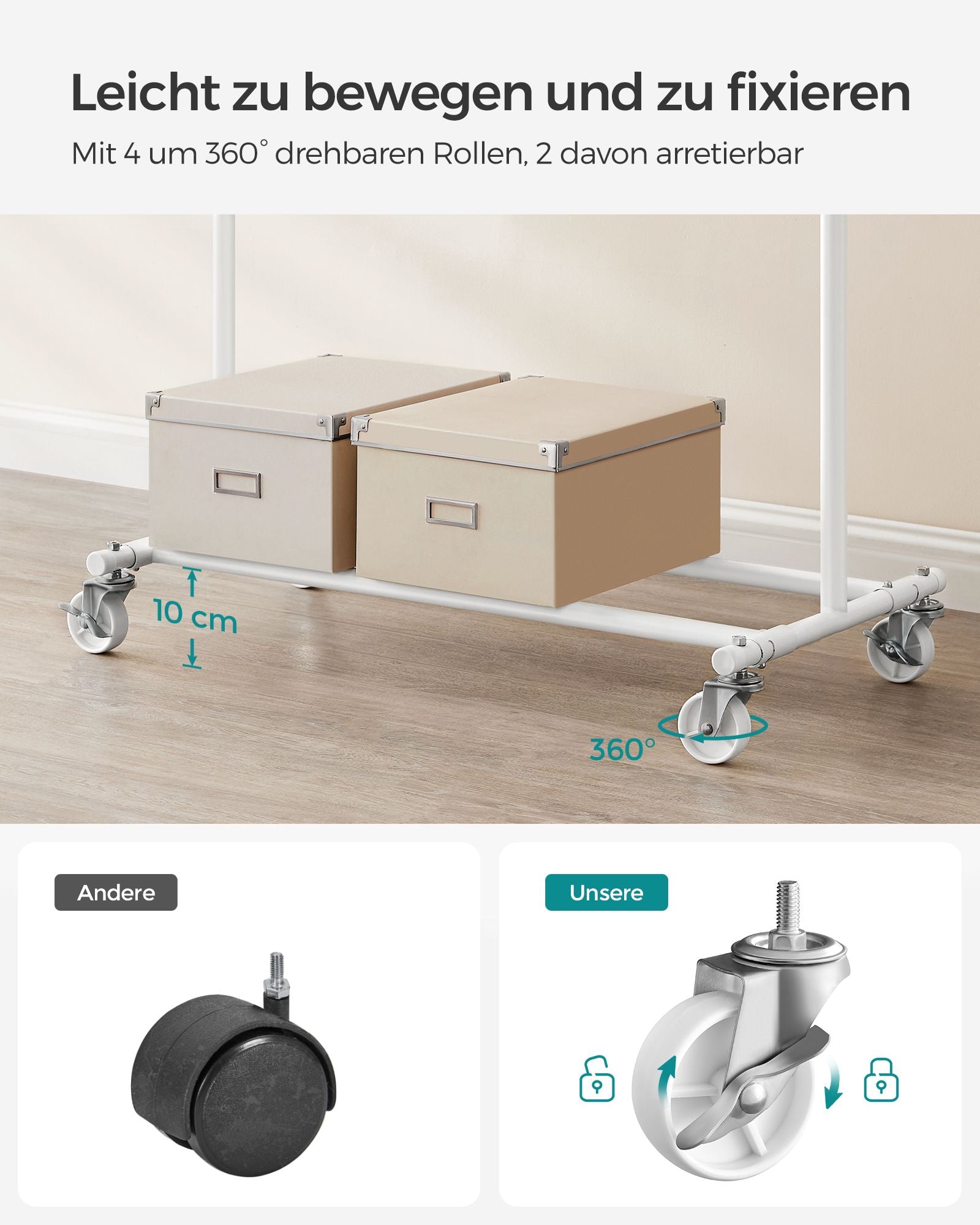 Bekleidungsregal - auf Rädern - Ladungskapazität 90 kg - klassisches Weiß
