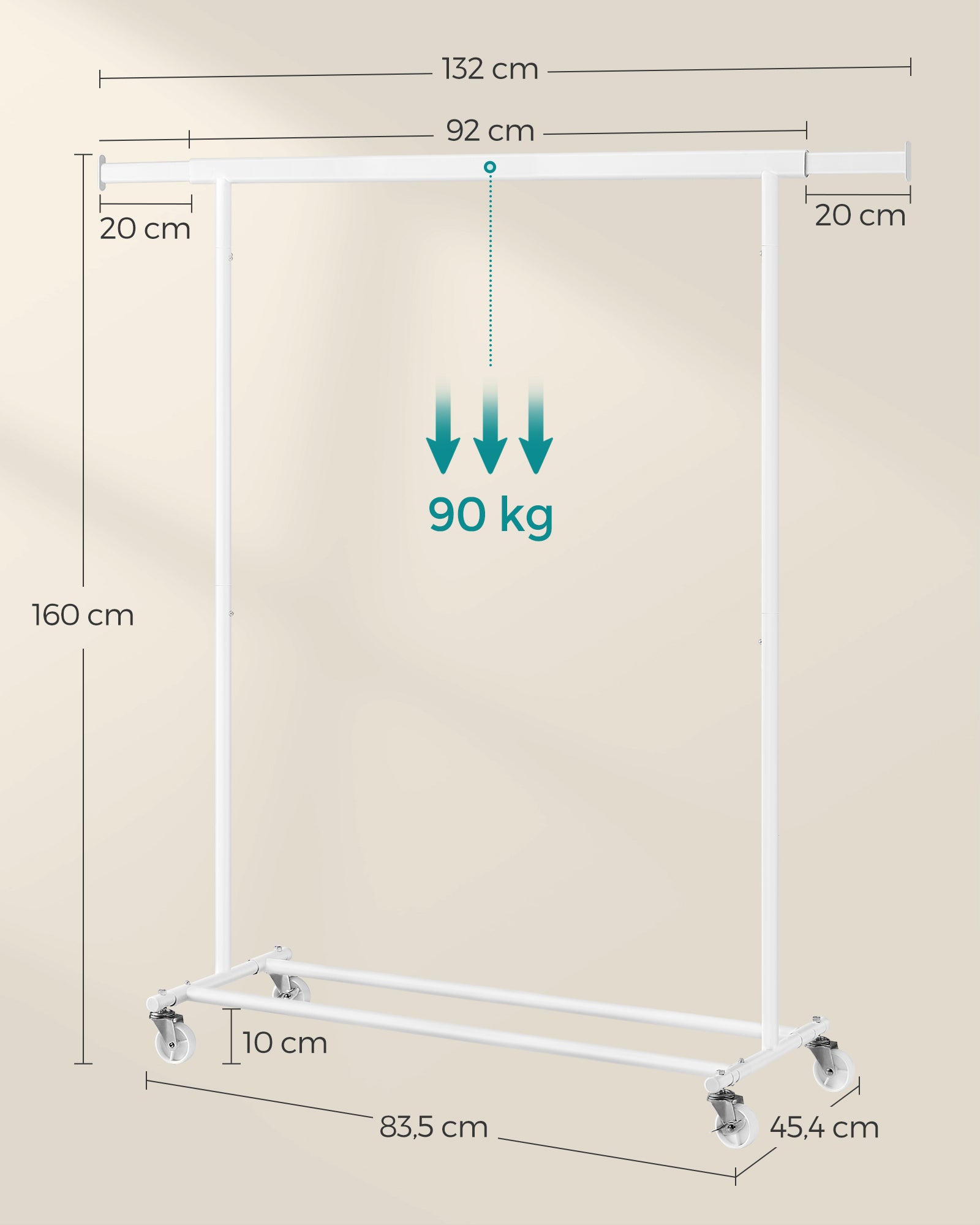 Bekleidungsregal - auf Rädern - Ladungskapazität 90 kg - klassisches Weiß