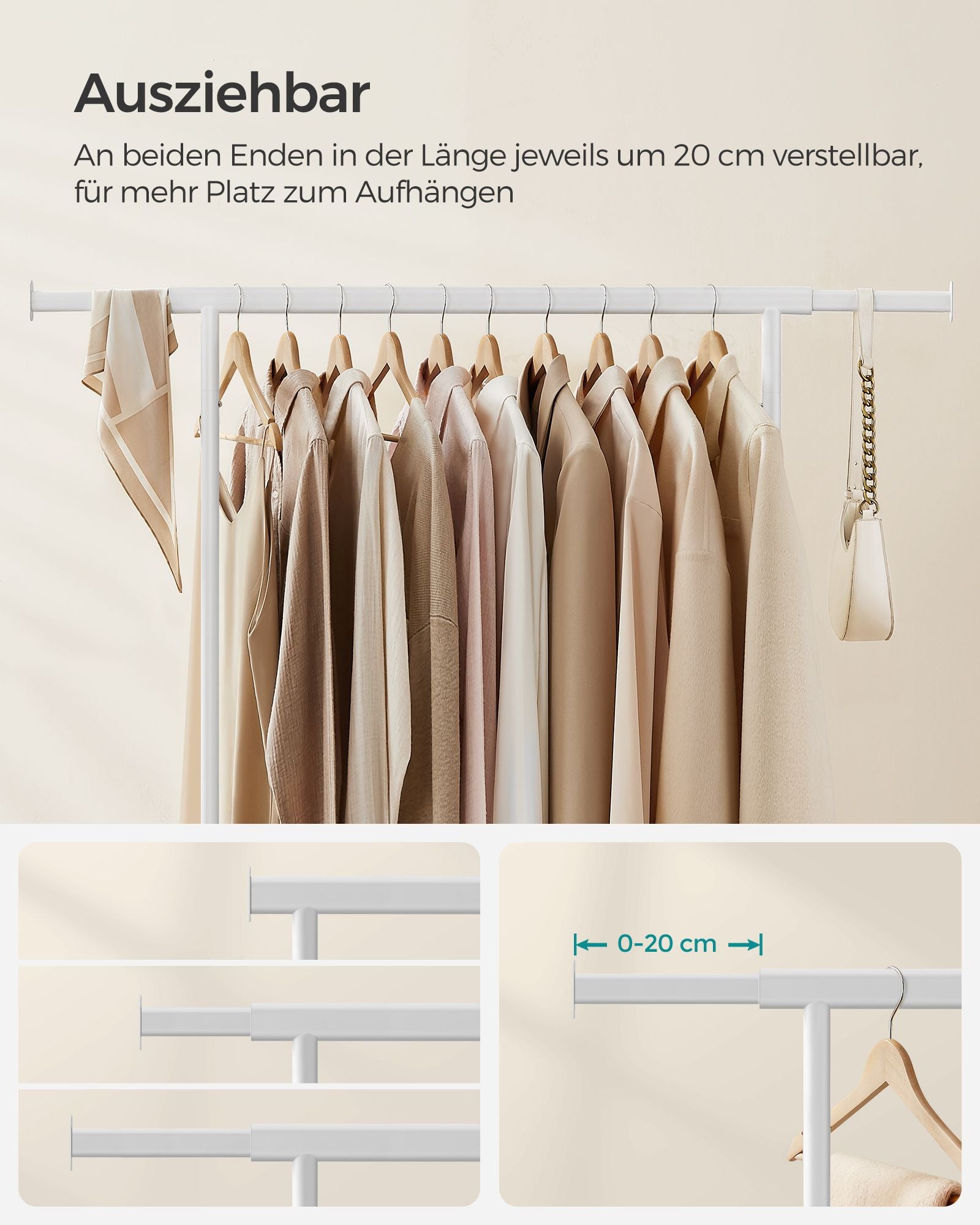 Bekleidungsregal - auf Rädern - Ladungskapazität 90 kg - klassisches Weiß