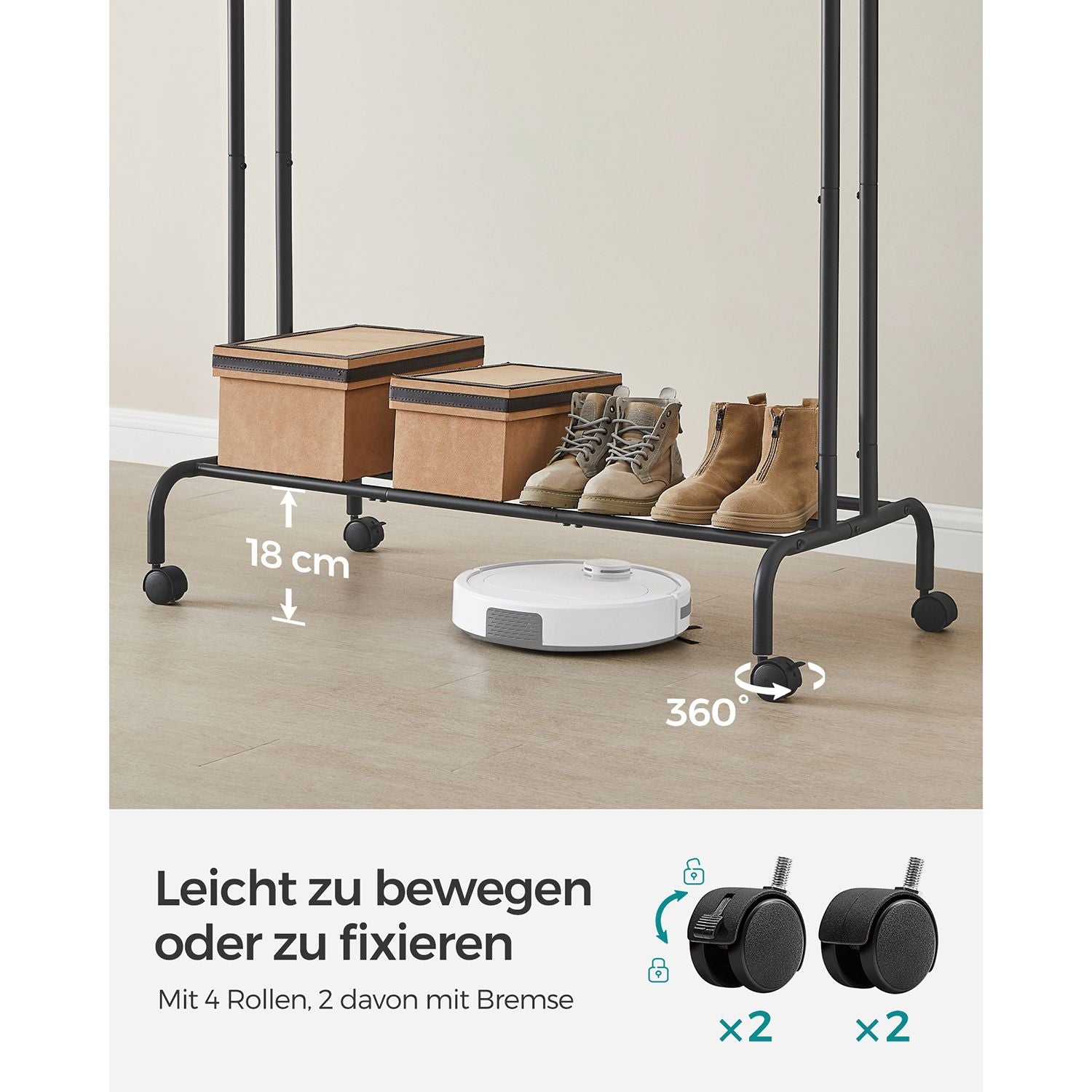 Kleidungsständer - auf Rädern - 2 Kleidungsstangen - schwarz