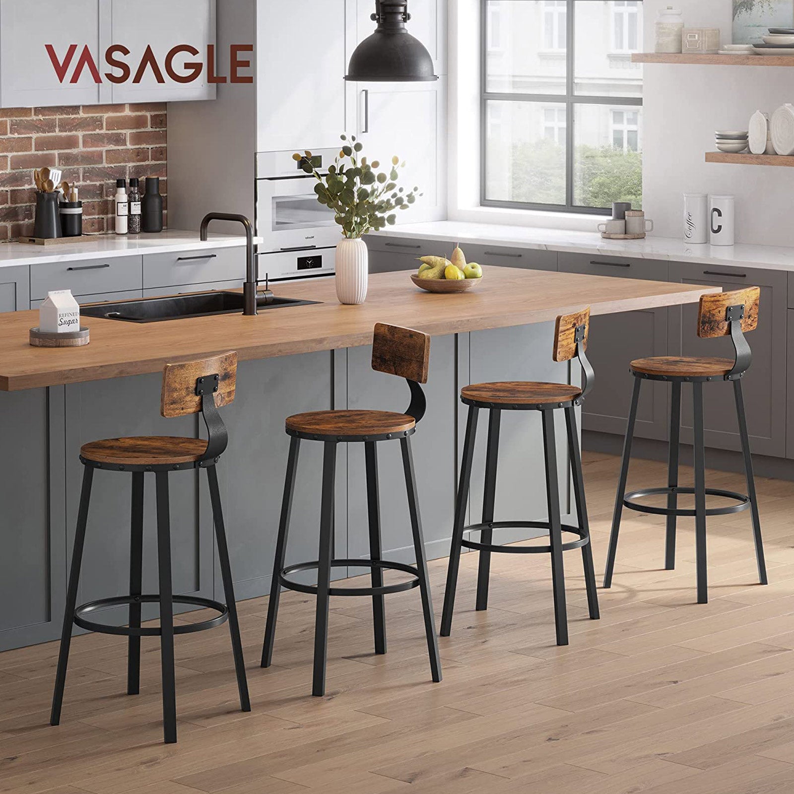 Barhocker - 2 - mit Rückenlehne - Holzsitz - braun