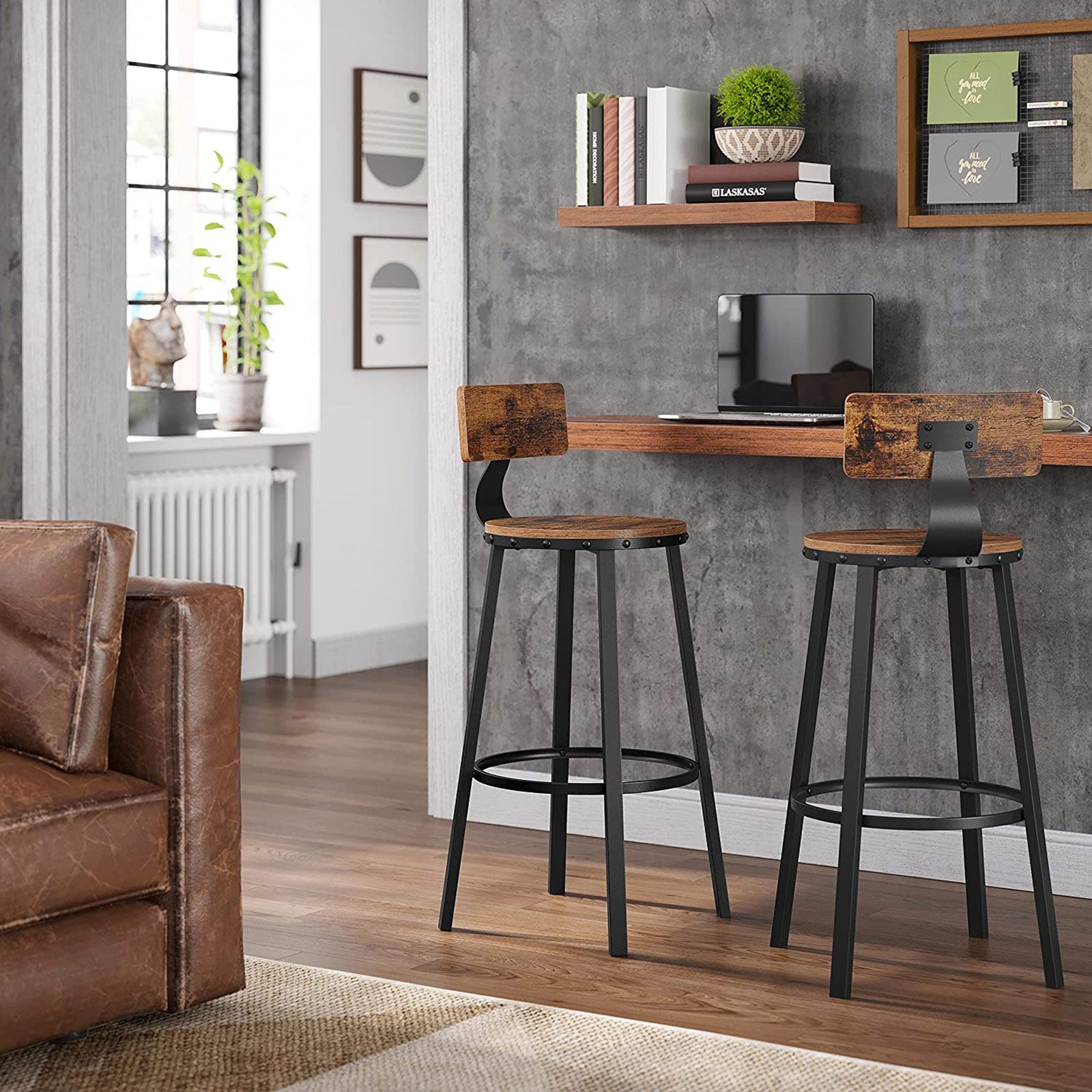 Barhocker - 2 - mit Rückenlehne - Holzsitz - braun