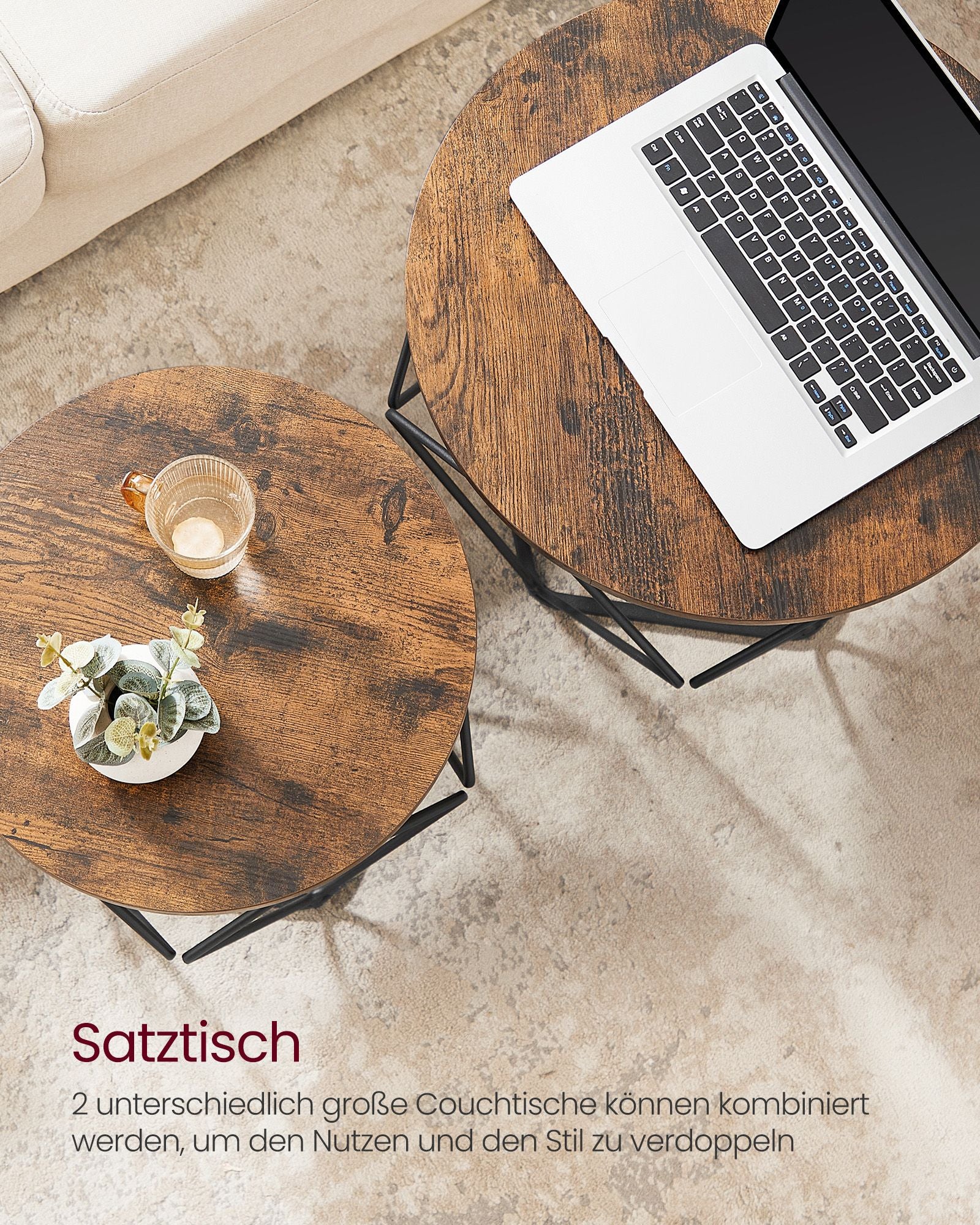 Runder Couchtisch Set von 2-Vintage-Flair-Vintage-Braun-Inktzwart