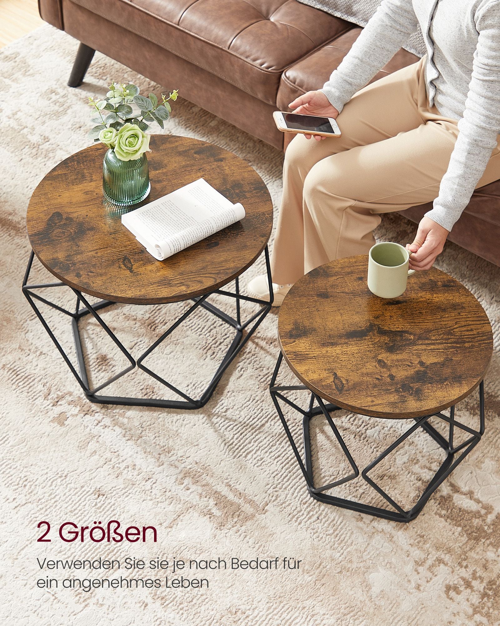 Runder Couchtisch Set von 2-Vintage-Flair-Vintage-Braun-Inktzwart