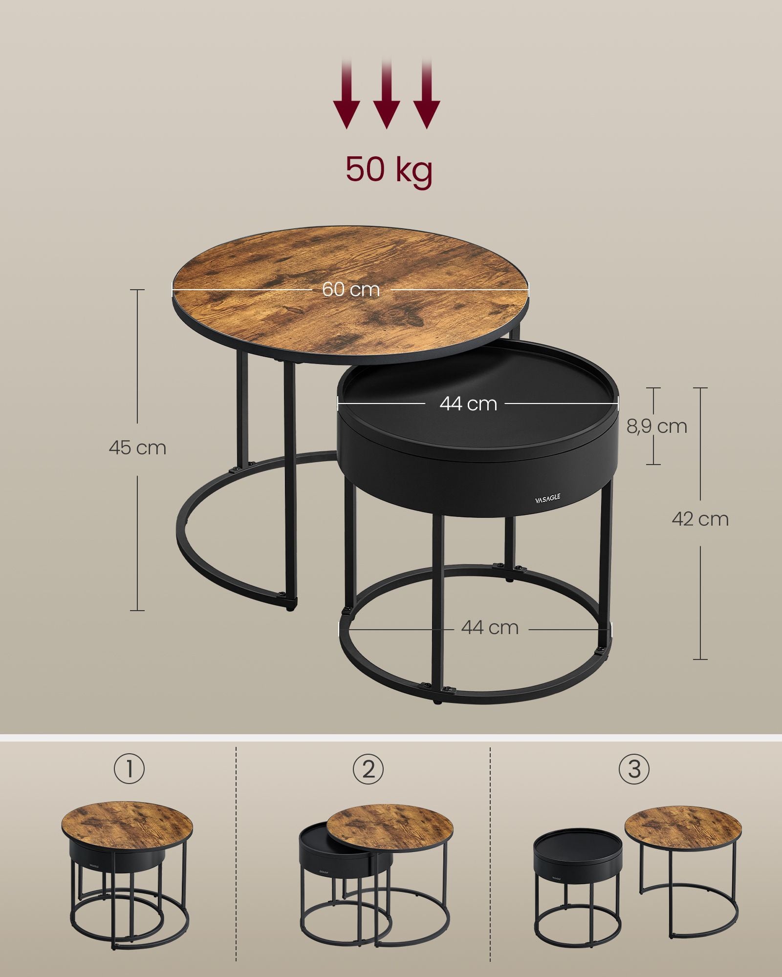 Runder Couchtisch Set von 2 Vintage Brown-Ink-Schwarz