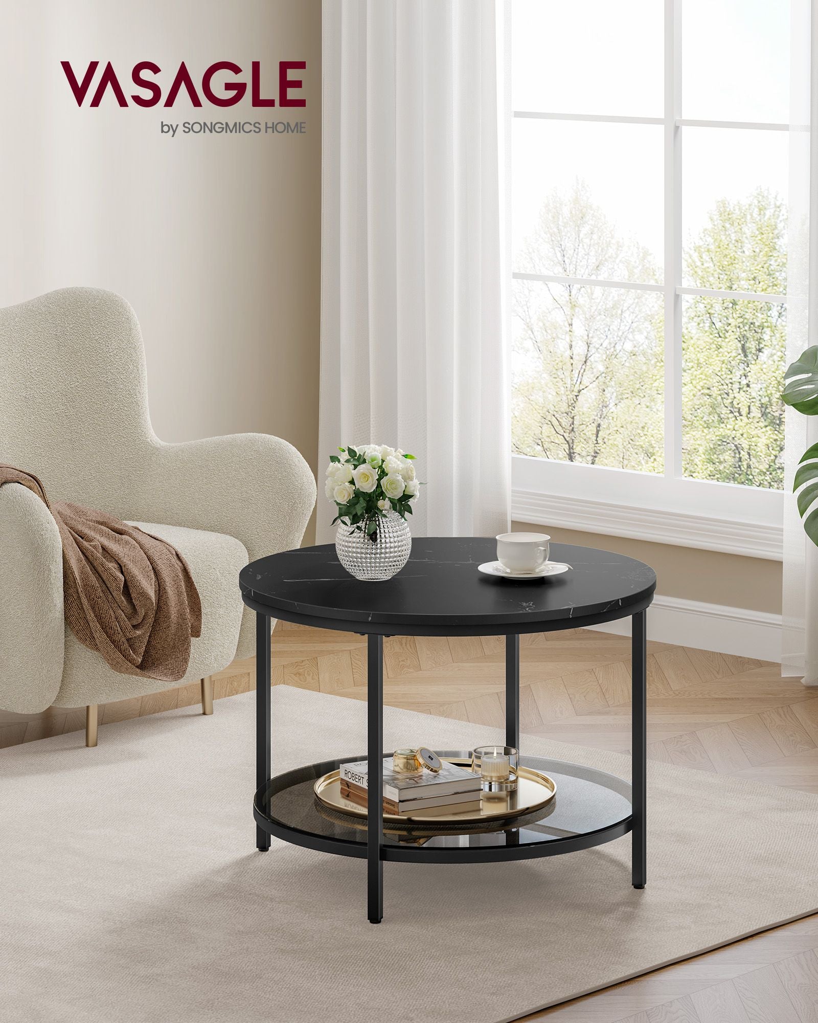 Couchtisch-2 Levels-Glasblech-Marble Black-Ink Black Schwarz
