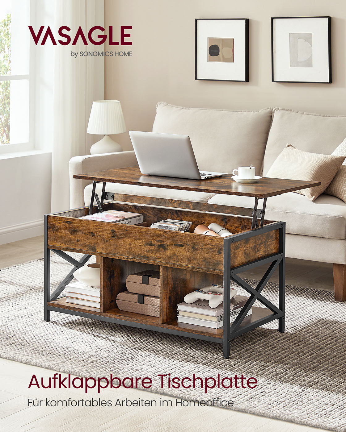 Couchtisch verstellbar in der Höhe mit offenen Fächern mit Vintage-Braun-Schwarz
