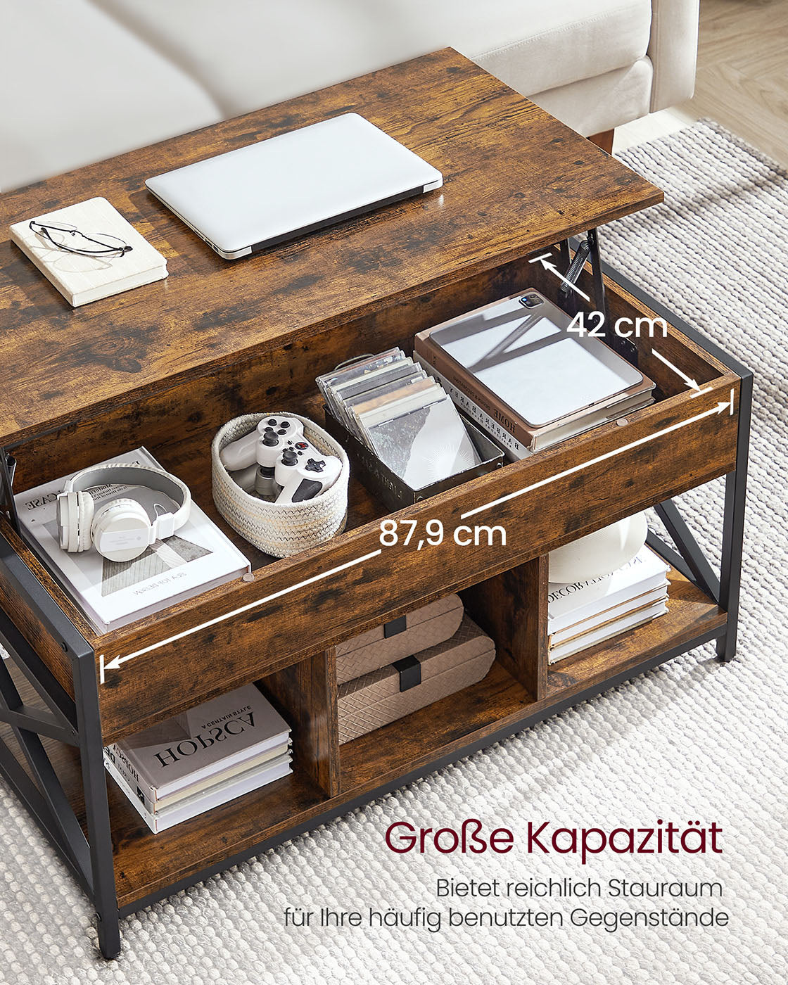 Couchtisch verstellbar in der Höhe mit offenen Fächern mit Vintage-Braun-Schwarz