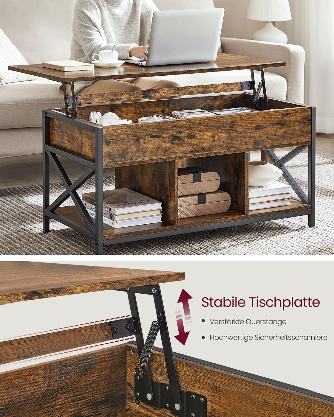 Couchtisch verstellbar in der Höhe mit offenen Fächern mit Vintage-Braun-Schwarz
