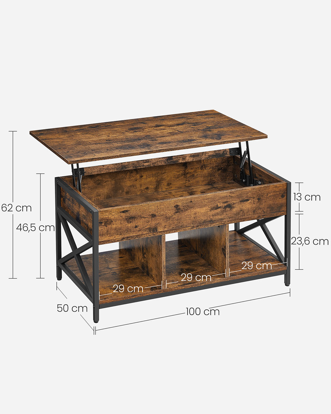 Couchtisch verstellbar in der Höhe mit offenen Fächern mit Vintage-Braun-Schwarz