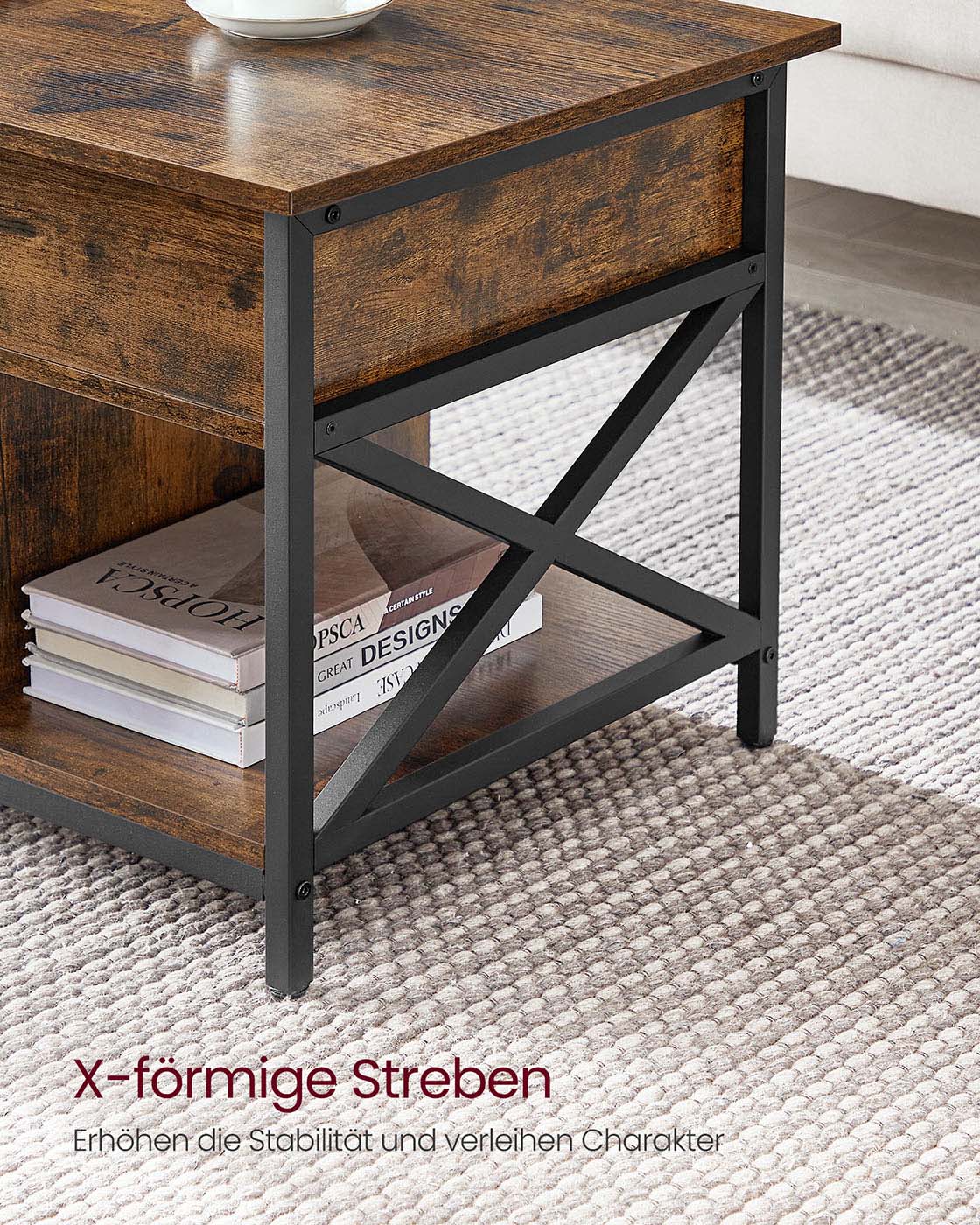 Couchtisch verstellbar in der Höhe mit offenen Fächern mit Vintage-Braun-Schwarz