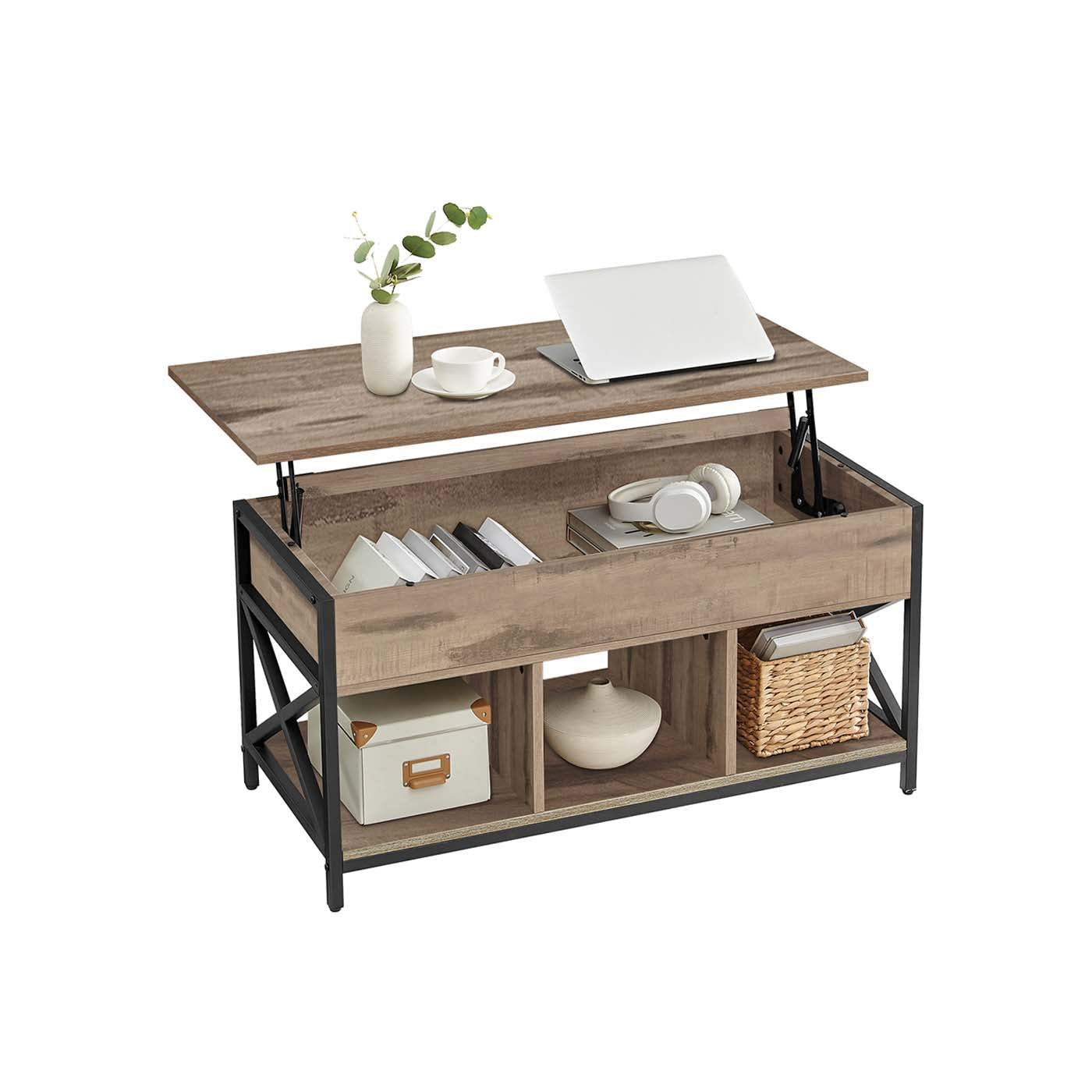 Couchtisch verstellbar in der Höhe mit offenen Fächern mit Vintage-Braun-Schwarz