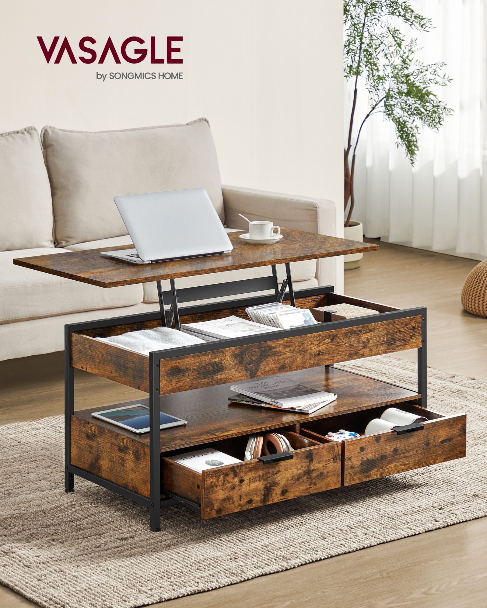 Couchtisch mit Schubladen-Vintage Brown-Ink-Schwarz