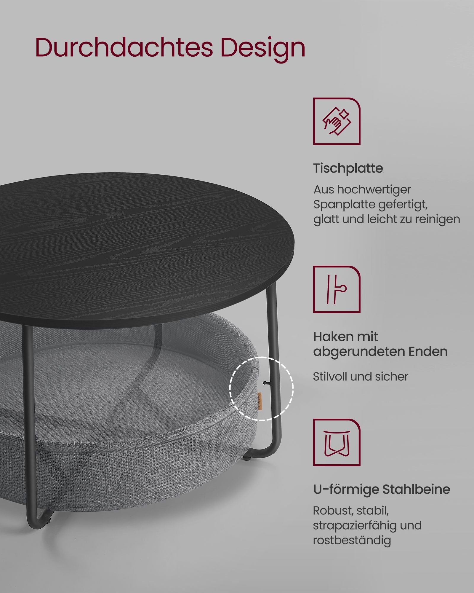 Couchtisch mit Korb aus Tintenschwarz und Leigrijze Stoff