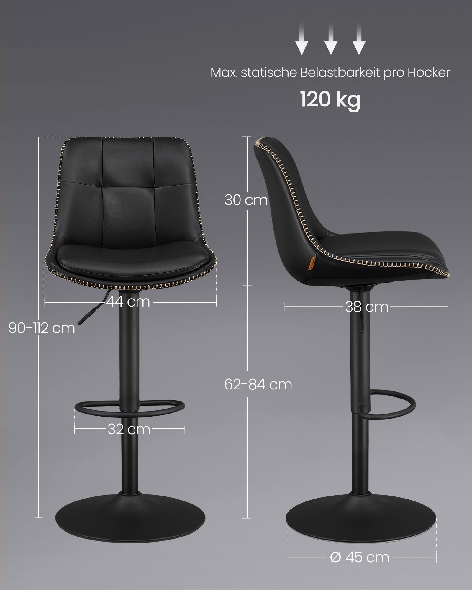 Barhocker - 2 - mit Rückenlehne - Tinte schwarz