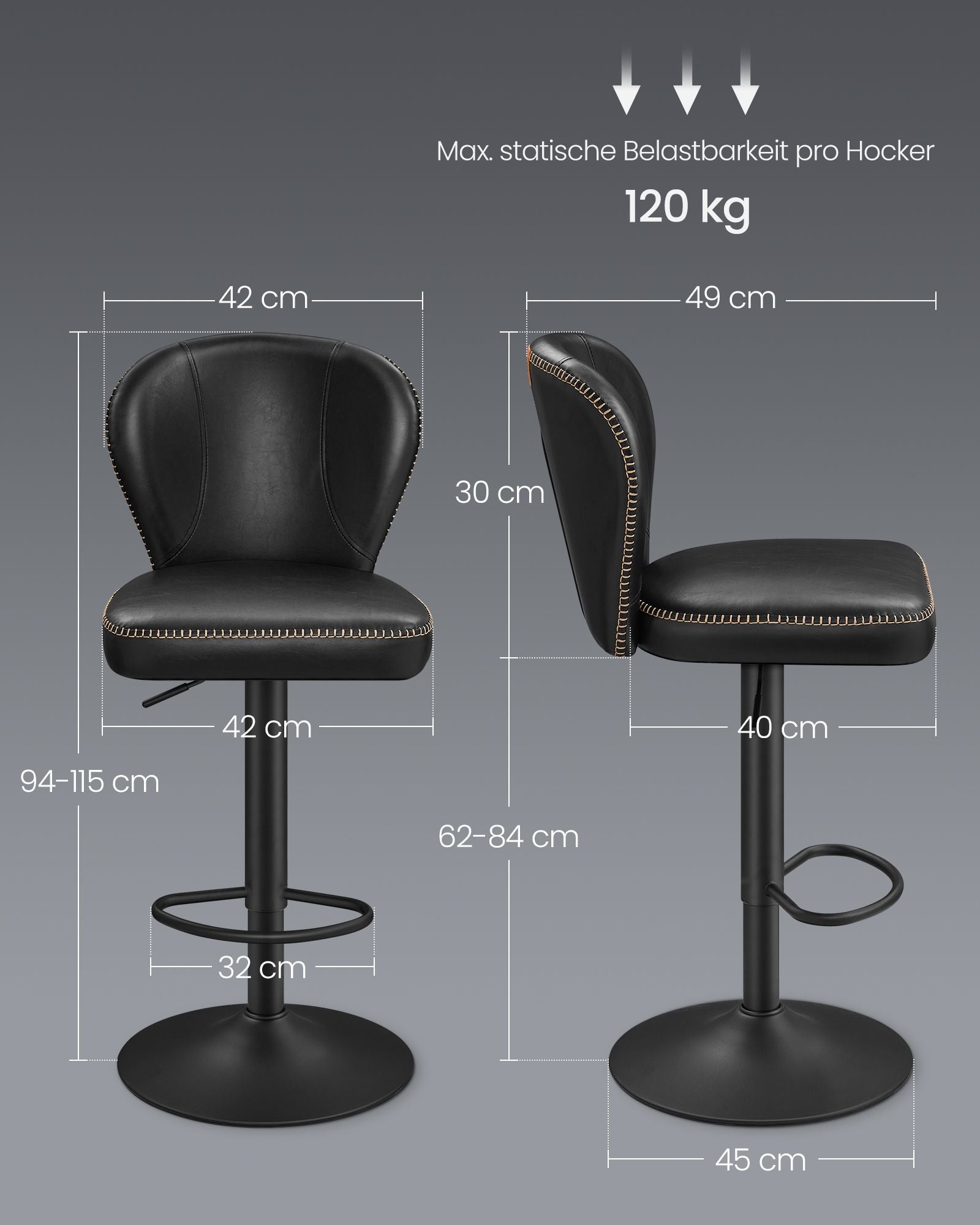 Set von 2 rotierenden Stangenhockern mit Backlast -Tinte -Black
