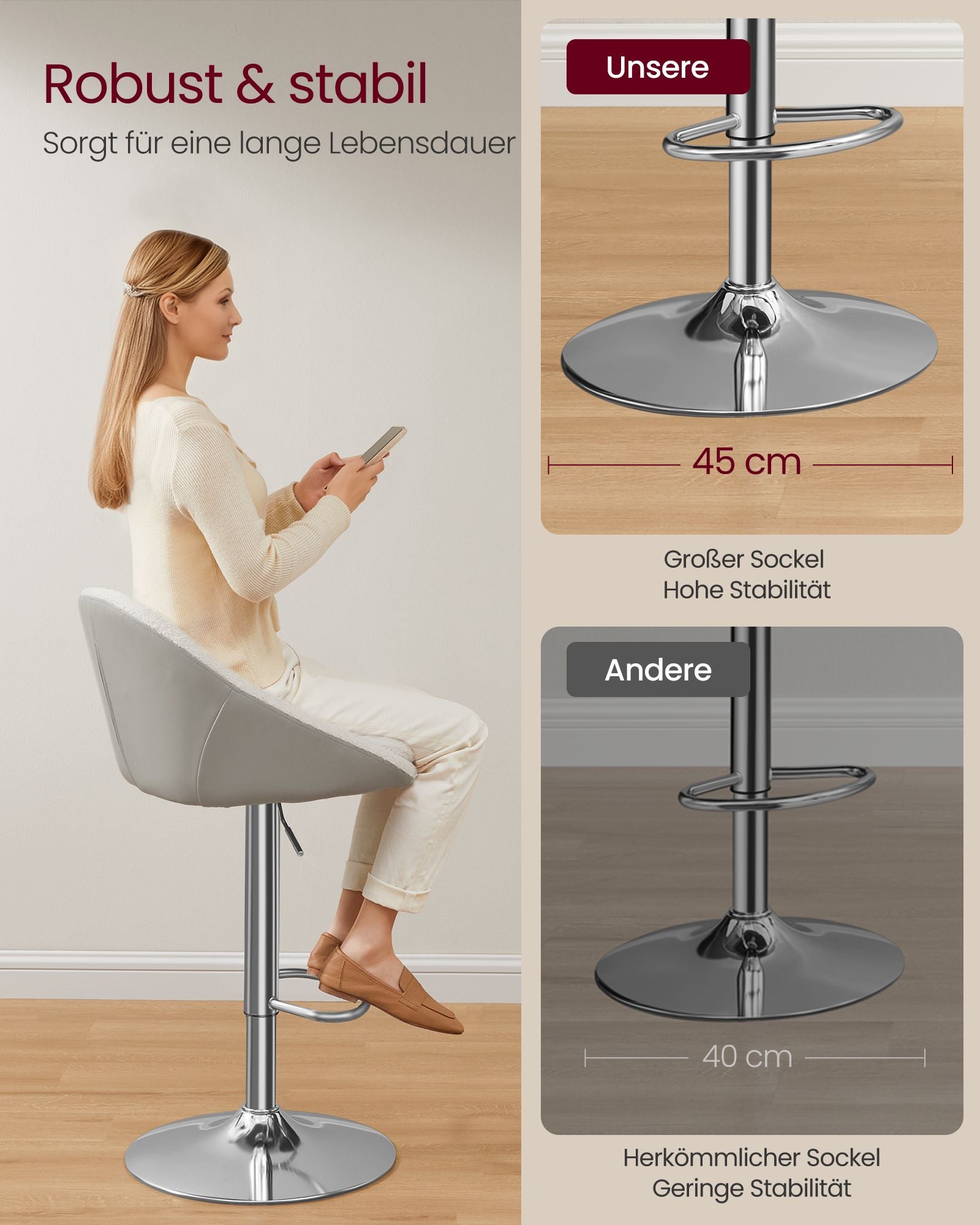 Stangenhocker-Set von 2 in Höhenverstellbares Creme weiß-Silver Grau