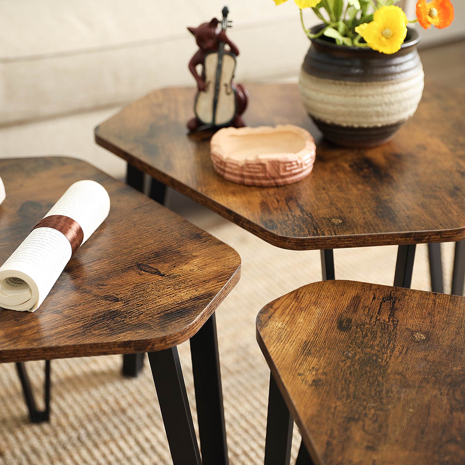 Nachttische - Set von 3 - Industriedesign - Seitentische - braun