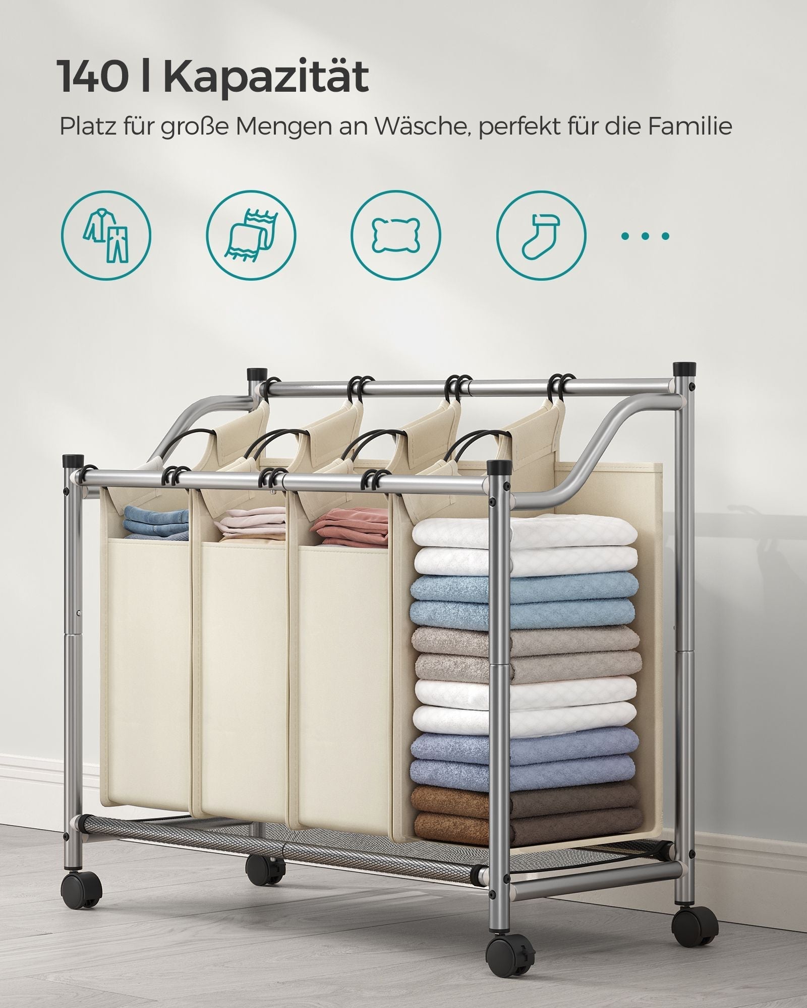 Wäschereikorb auf Rädern - 4 Waschbeutel - 4 x 35 Liter - Beige