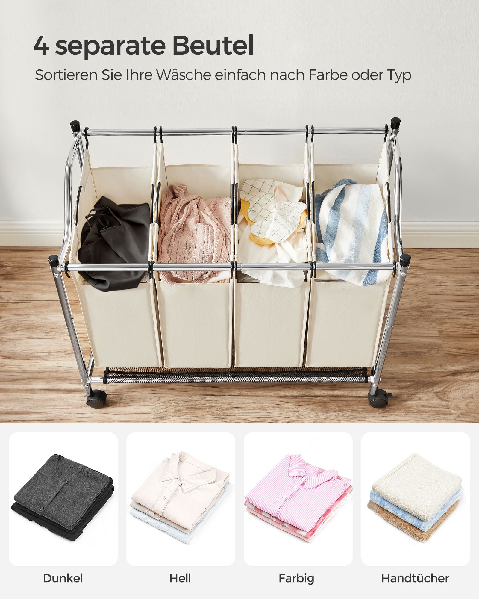 Wäschereikorb auf Rädern - 4 Waschbeutel - 4 x 35 Liter - Beige