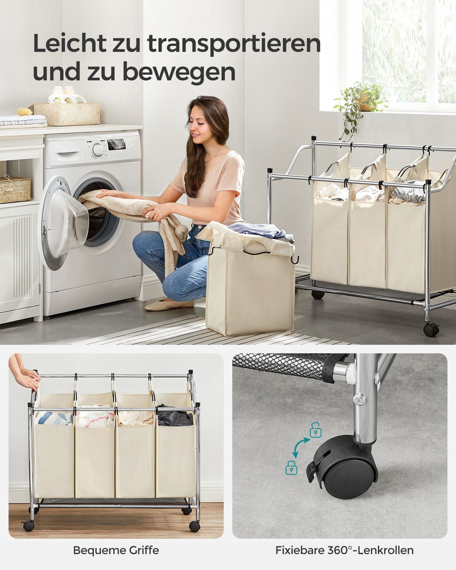 Wäschereikorb auf Rädern - 4 Waschbeutel - 4 x 35 Liter - Beige