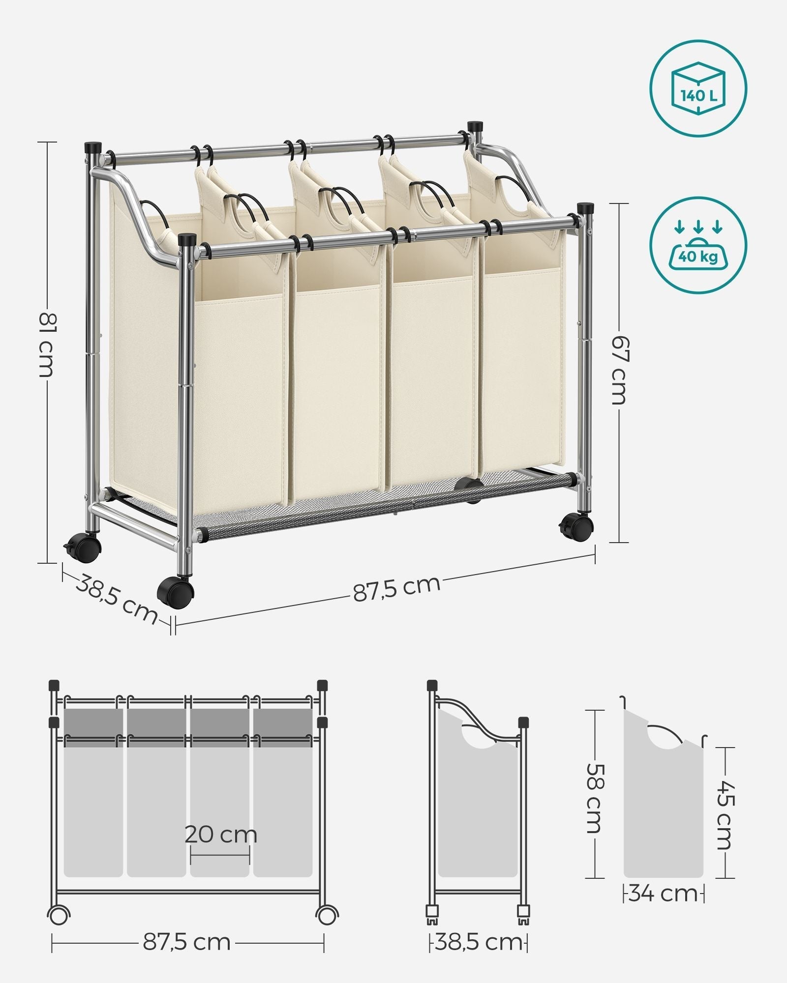 Wäschereikorb auf Rädern - 4 Waschbeutel - 4 x 35 Liter - Beige