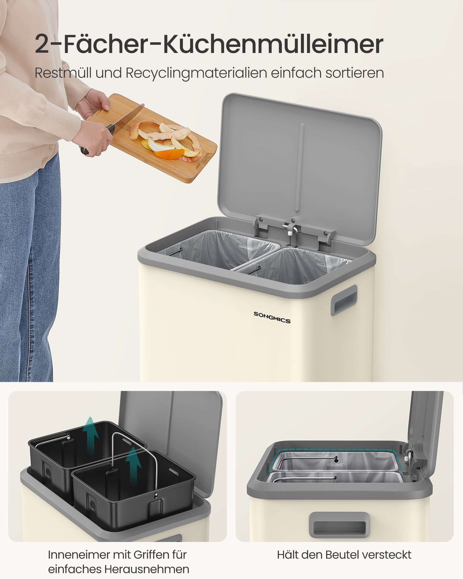 2 Fächer zum Recycling und Restabfällen, Sand Beige