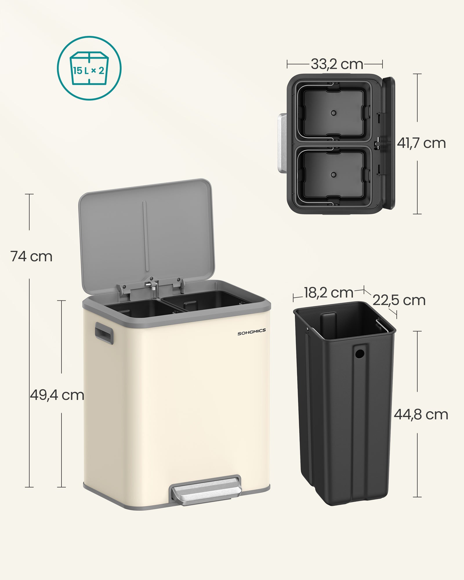 2 Fächer zum Recycling und Restabfällen, Sand Beige