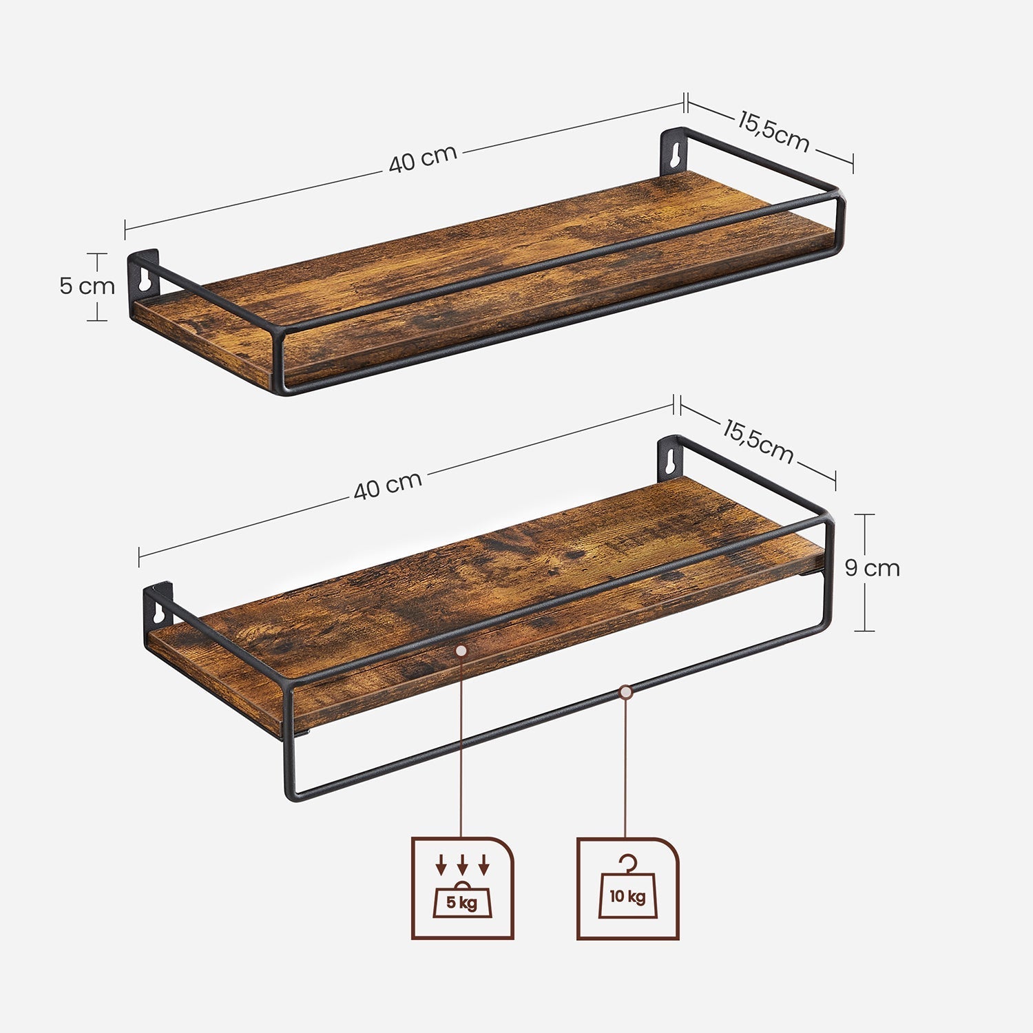 Wandregale - 2 - schwebend - Industrielles Design - Brown / Schwarz