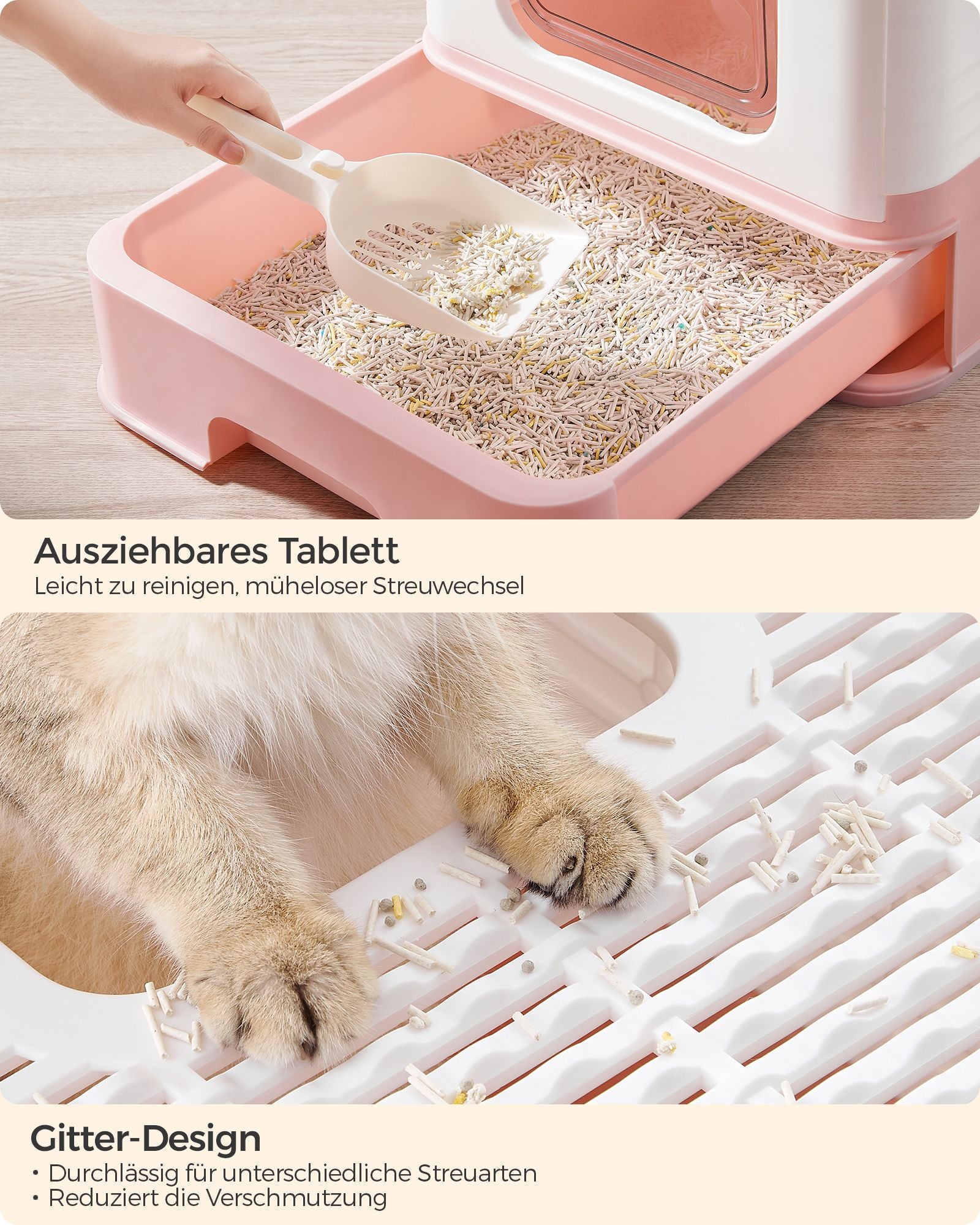 Katzentoilette mit Deckel und schöpfert-geräumig-weiß-Pastel-Rosa