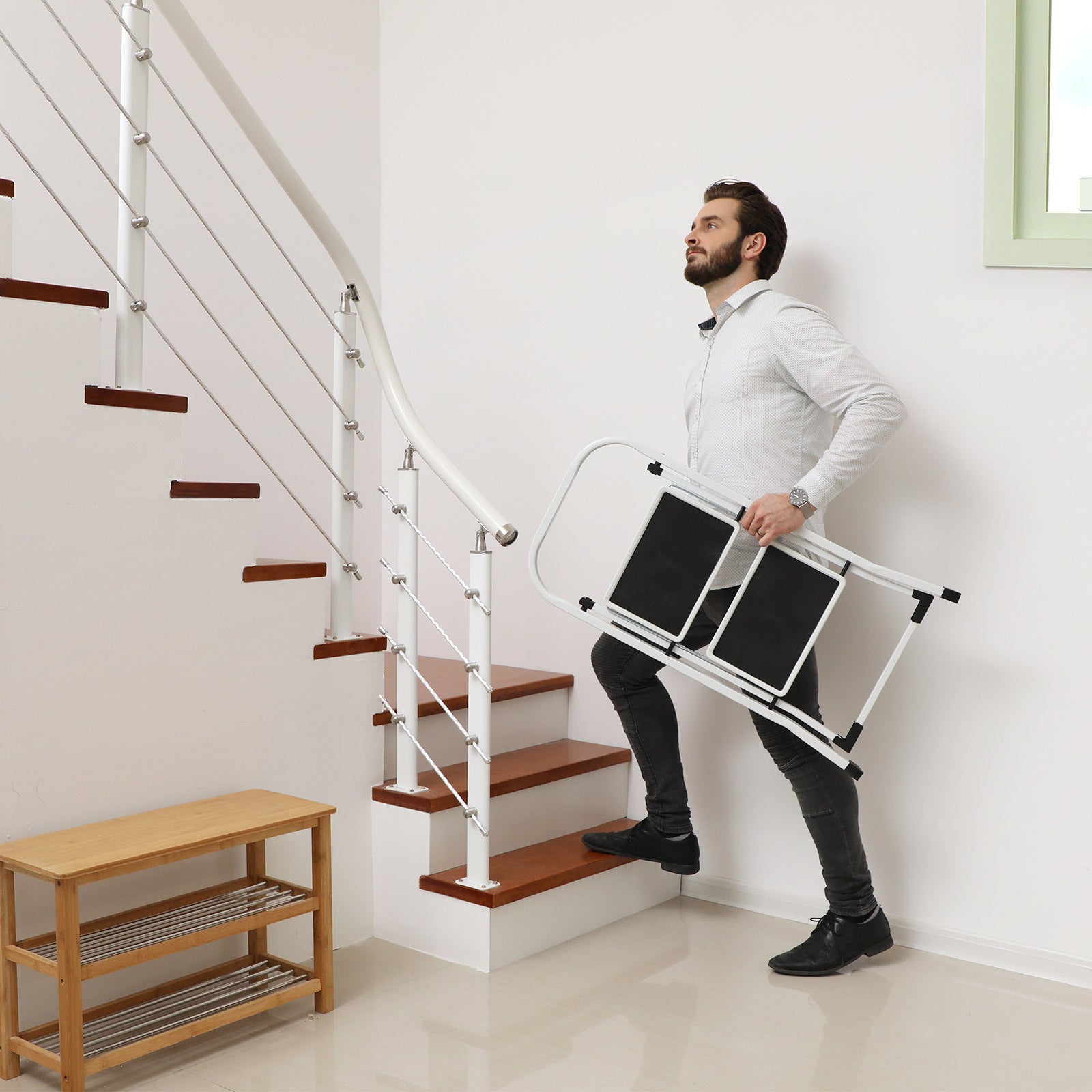 Treppenladder - 2 Stufen - Stiefhocker - Metall - Grau