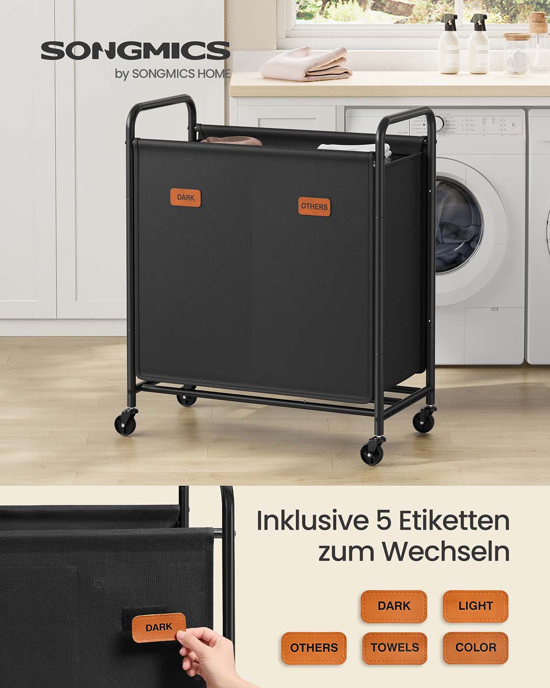 Wäscherei Korb 140 l mit Rädern und 2 Fächer -Tinten -Black