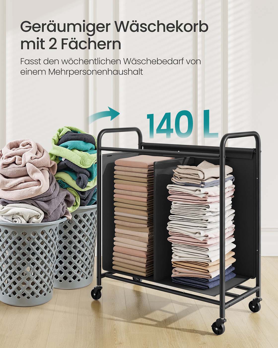 Wäscherei Korb 140 l mit Rädern und 2 Fächer -Tinten -Black