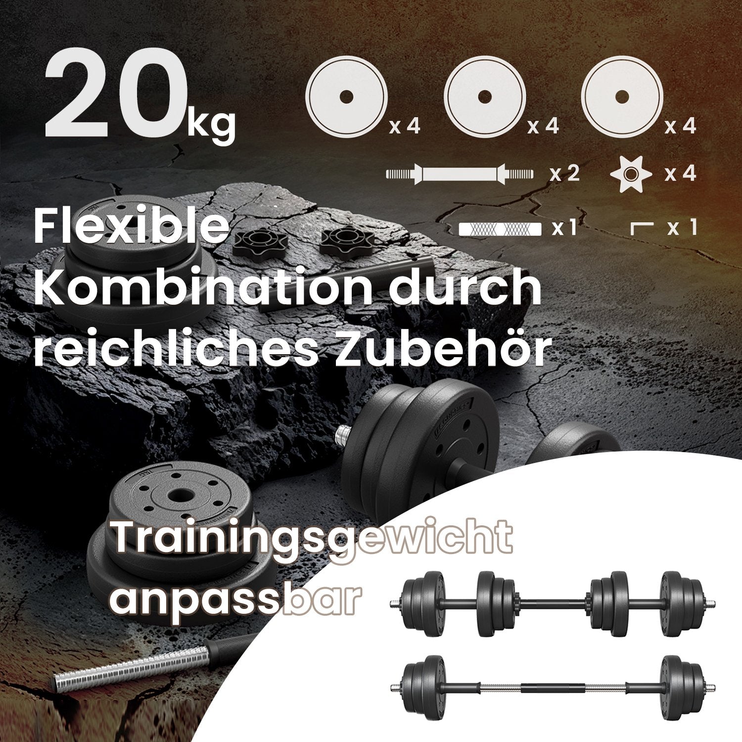 2-in-1-Halfter-Dumbbells mit Stahlverbindungsrohr, 2 x 10 kg, Tintenschwarz