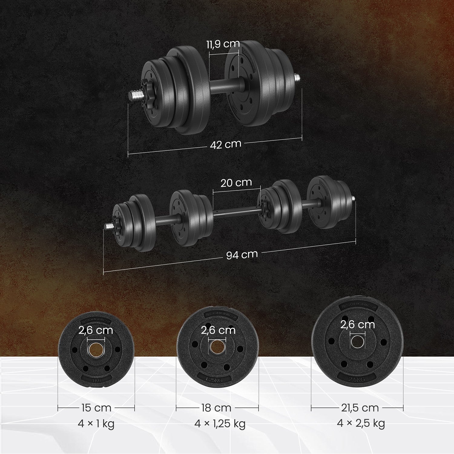 2-in-1-Halfter-Dumbbells mit Stahlverbindungsrohr, 2 x 10 kg, Tintenschwarz