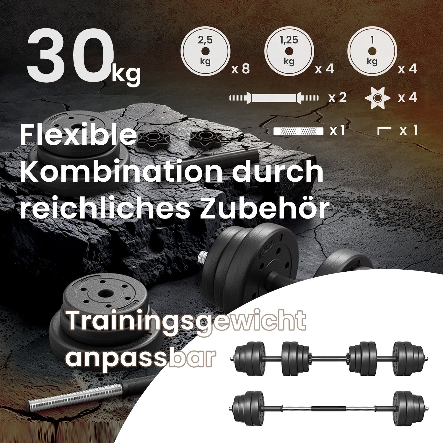 2-in-1-Halfter-Dumbbells mit Stahlverbindungsrohr, 2 x 15 kg, Tintenschwarz