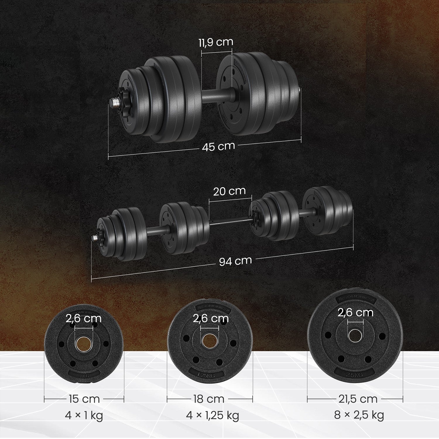 2-in-1-Halfter-Dumbbells mit Stahlverbindungsrohr, 2 x 15 kg, Tintenschwarz
